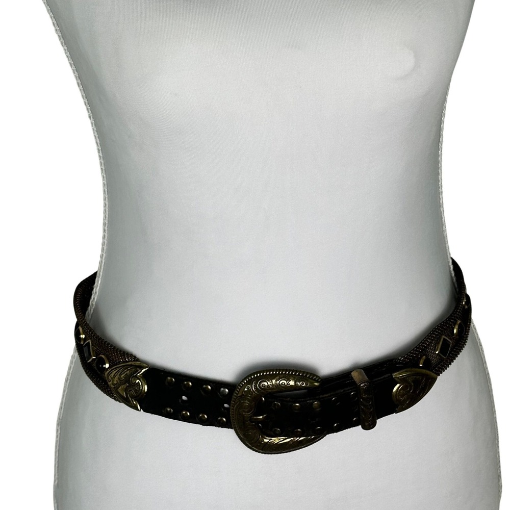 USMECO Paris Western Studded Leather and Metal Mesh Belt Gold‎ Tone Buckle Black